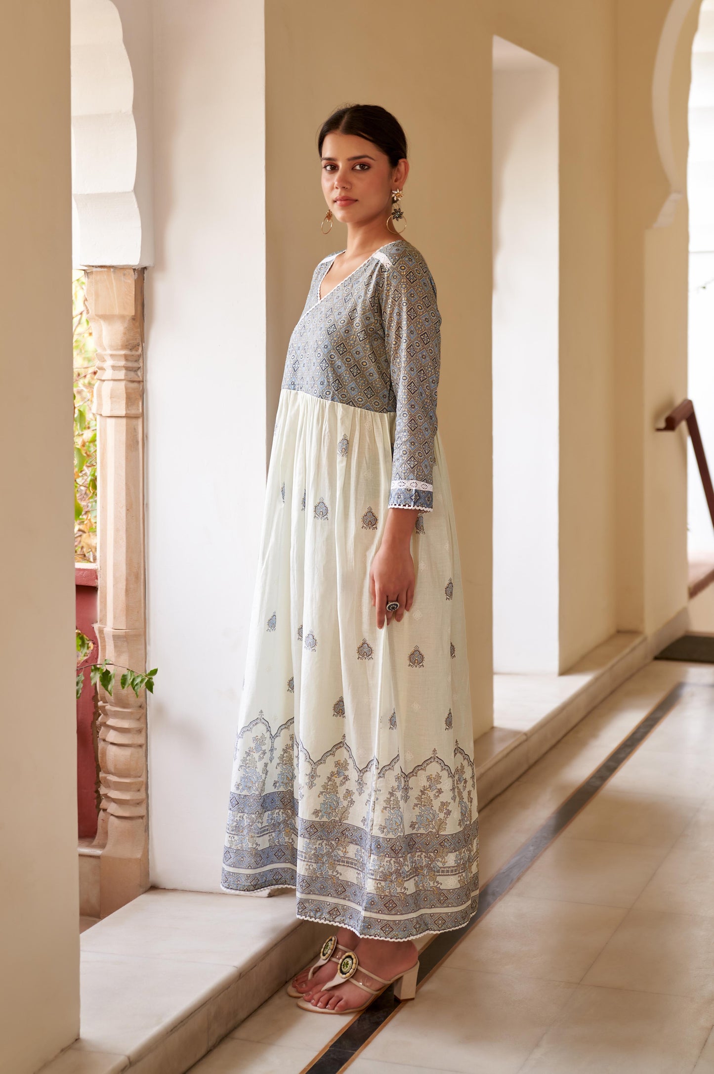 Blue Cotton Printed V Neck Dress