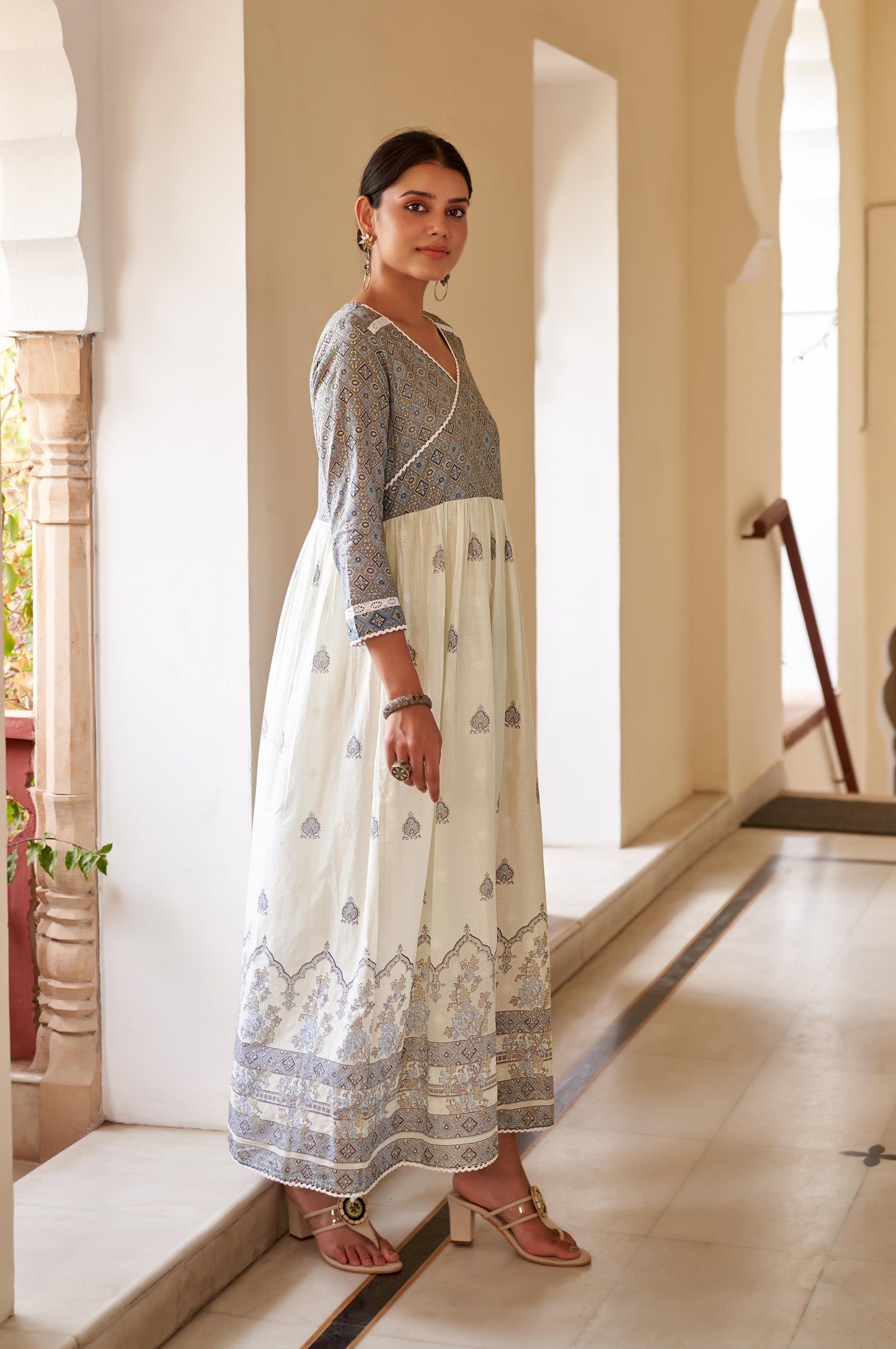Blue Cotton Printed V Neck Dress