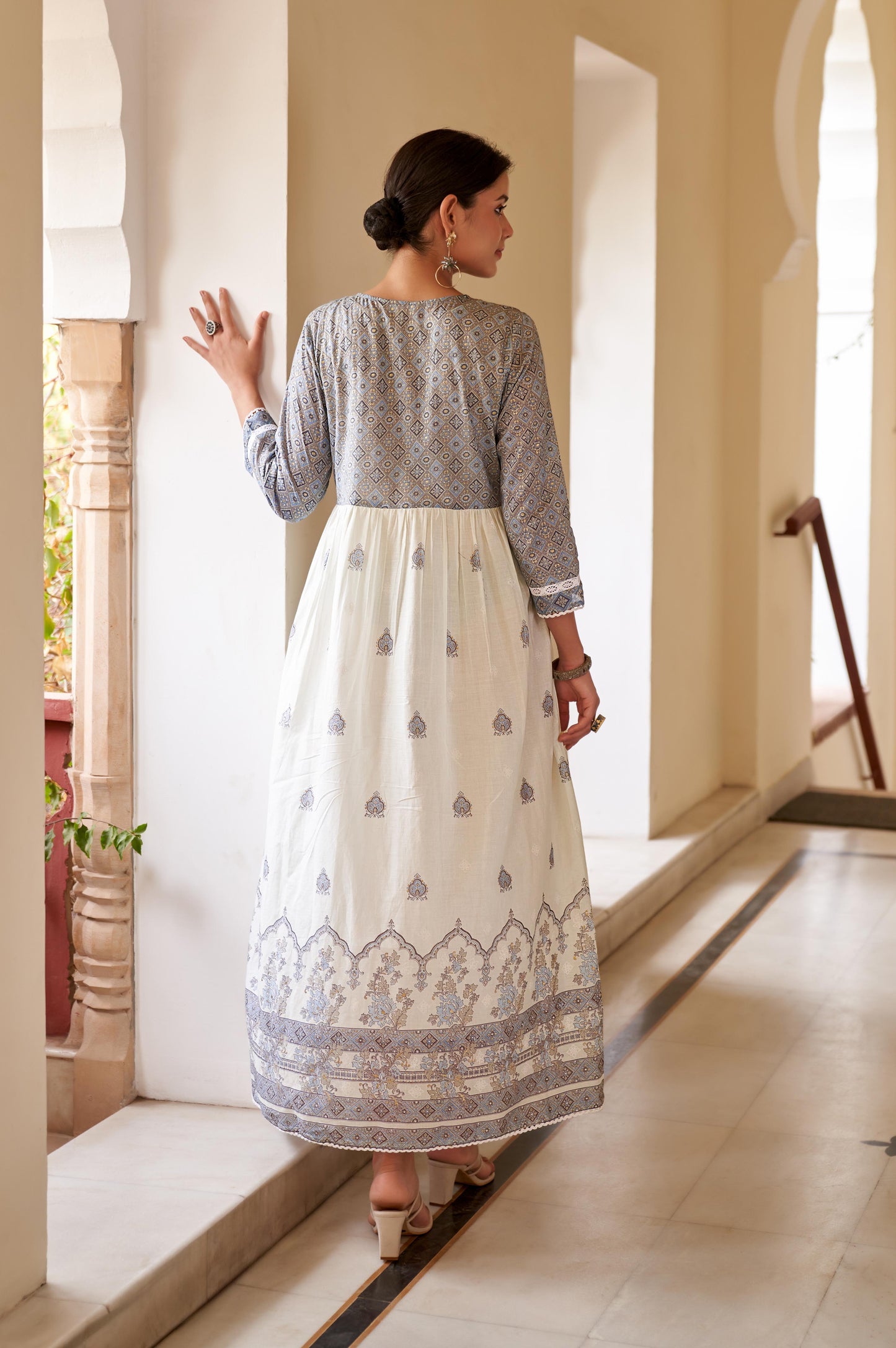 Blue Cotton Printed V Neck Dress