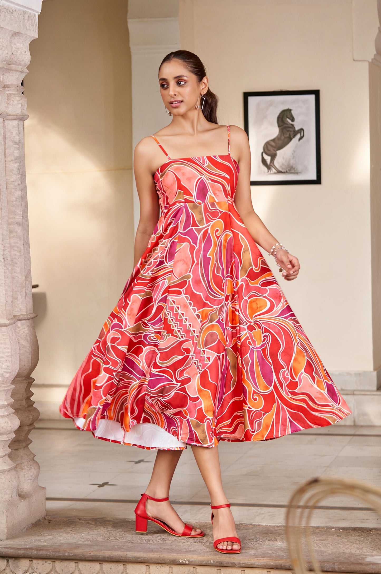 Red Orange Abstract Floral Spaghetti Strap Dress