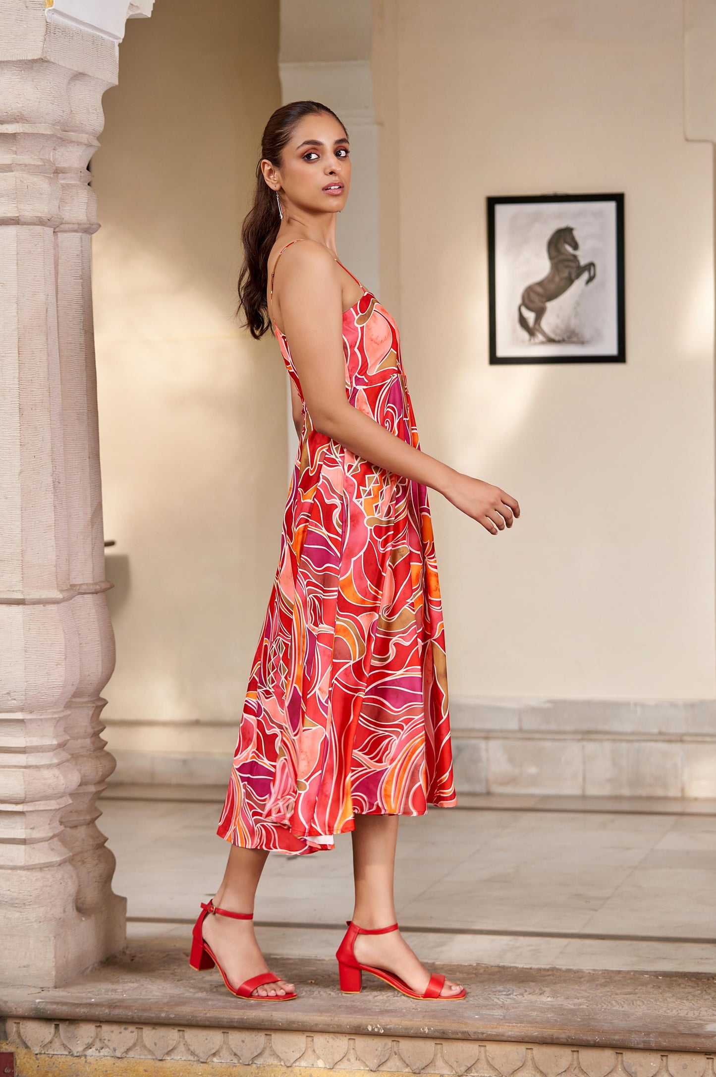 Red Orange Abstract Floral Spaghetti Strap Dress