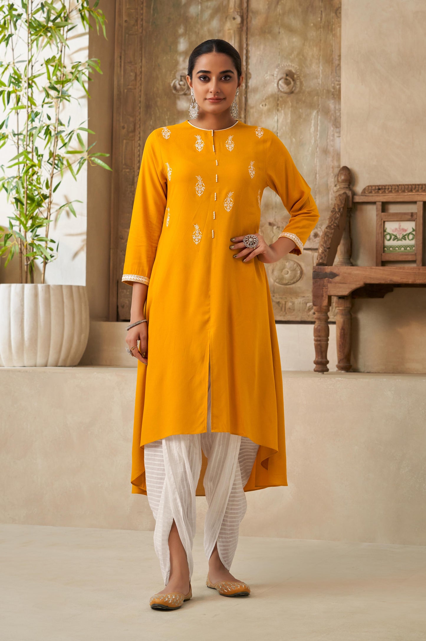 Mustard Thread and Sequin Work Straight Kurta and Dhoti Set