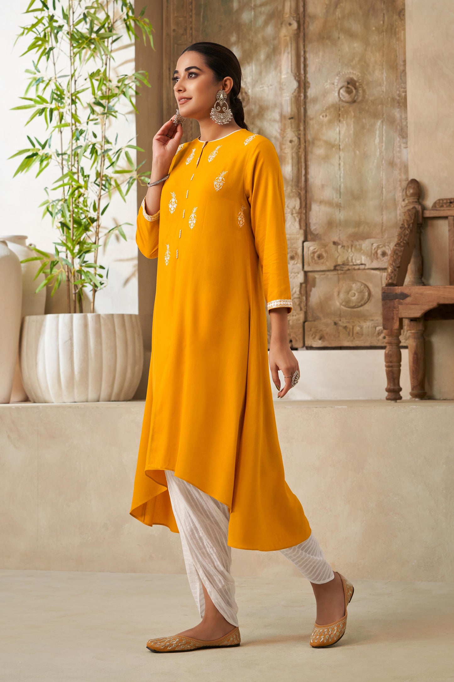 Mustard Thread and Sequin Work Straight Kurta and Dhoti Set