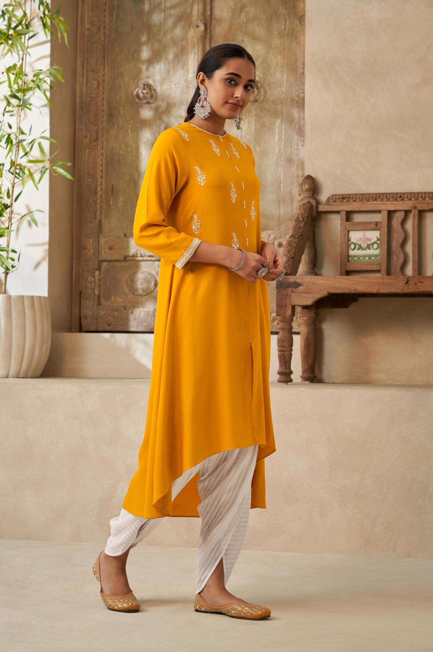Mustard Thread and Sequin Work Straight Kurta and Dhoti Set