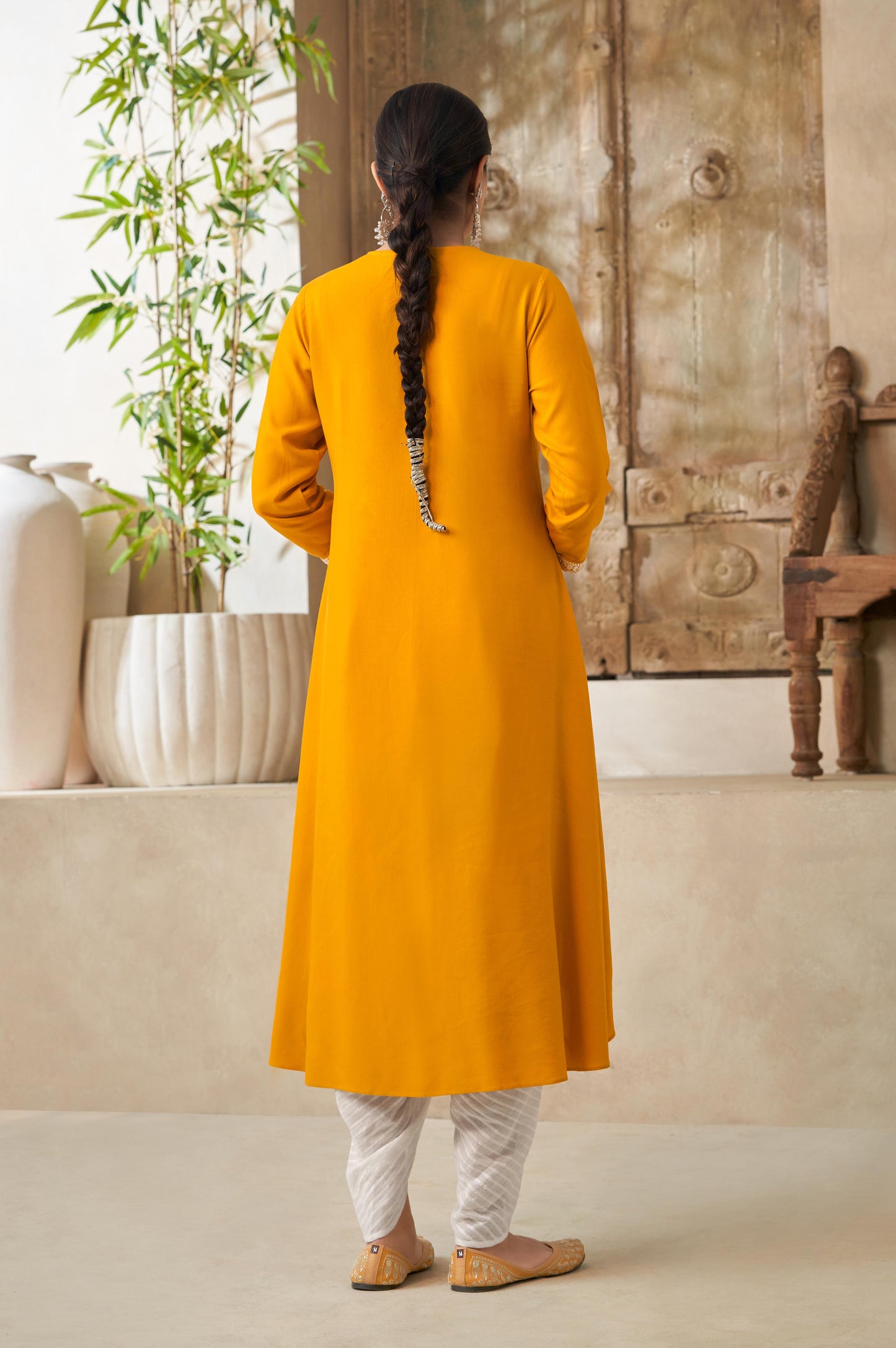 Mustard Thread and Sequin Work Straight Kurta and Dhoti Set