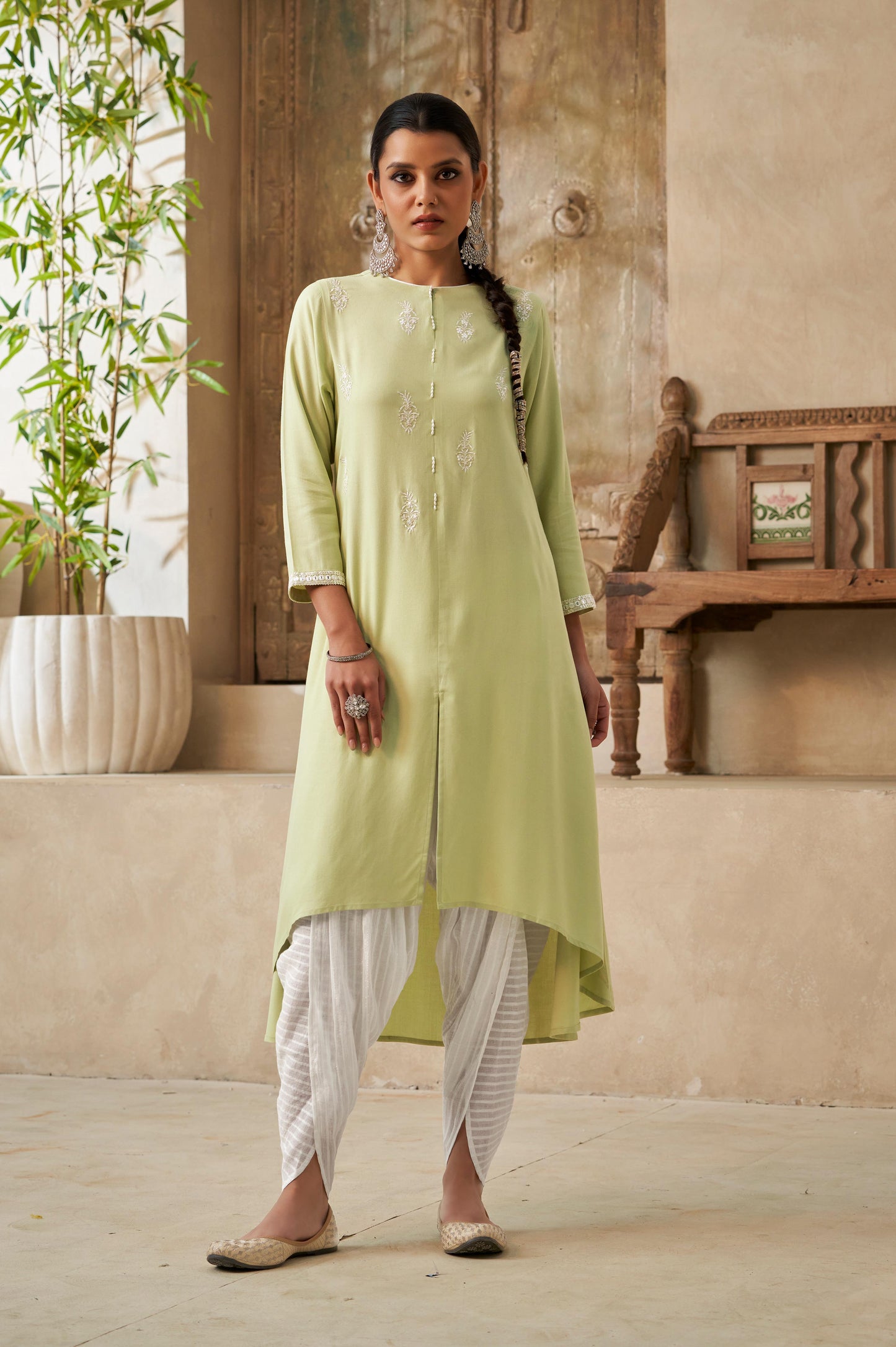 Light Green Thread and Sequin Work Straight Kurta and Dhoti Set