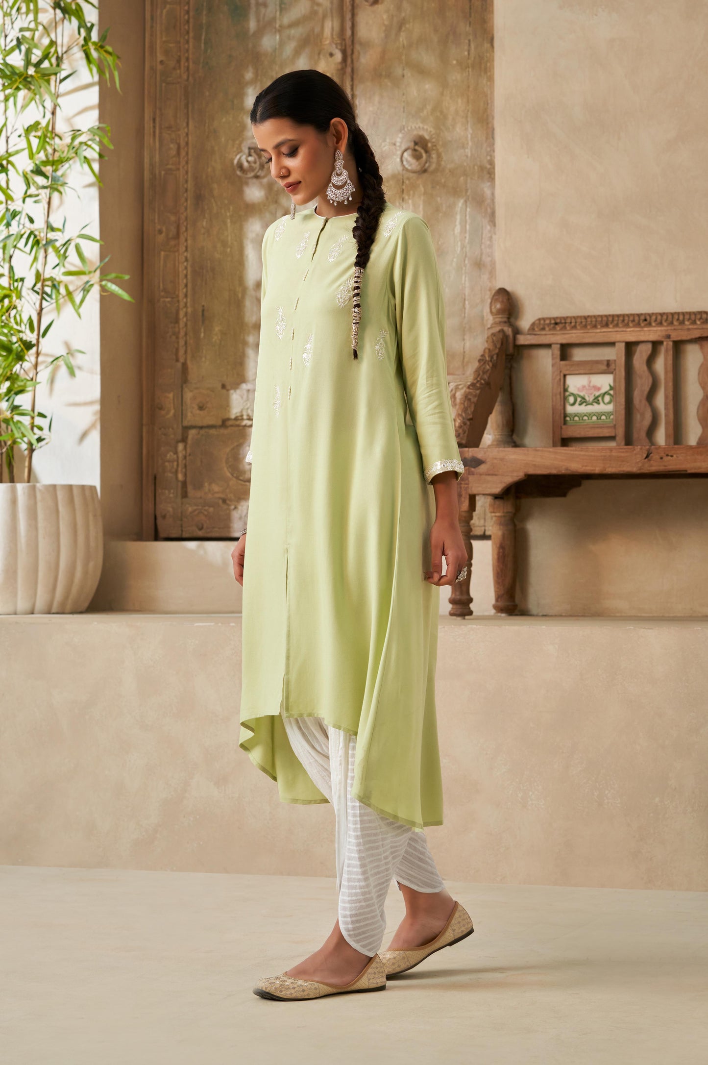 Light Green Thread and Sequin Work Straight Kurta and Dhoti Set