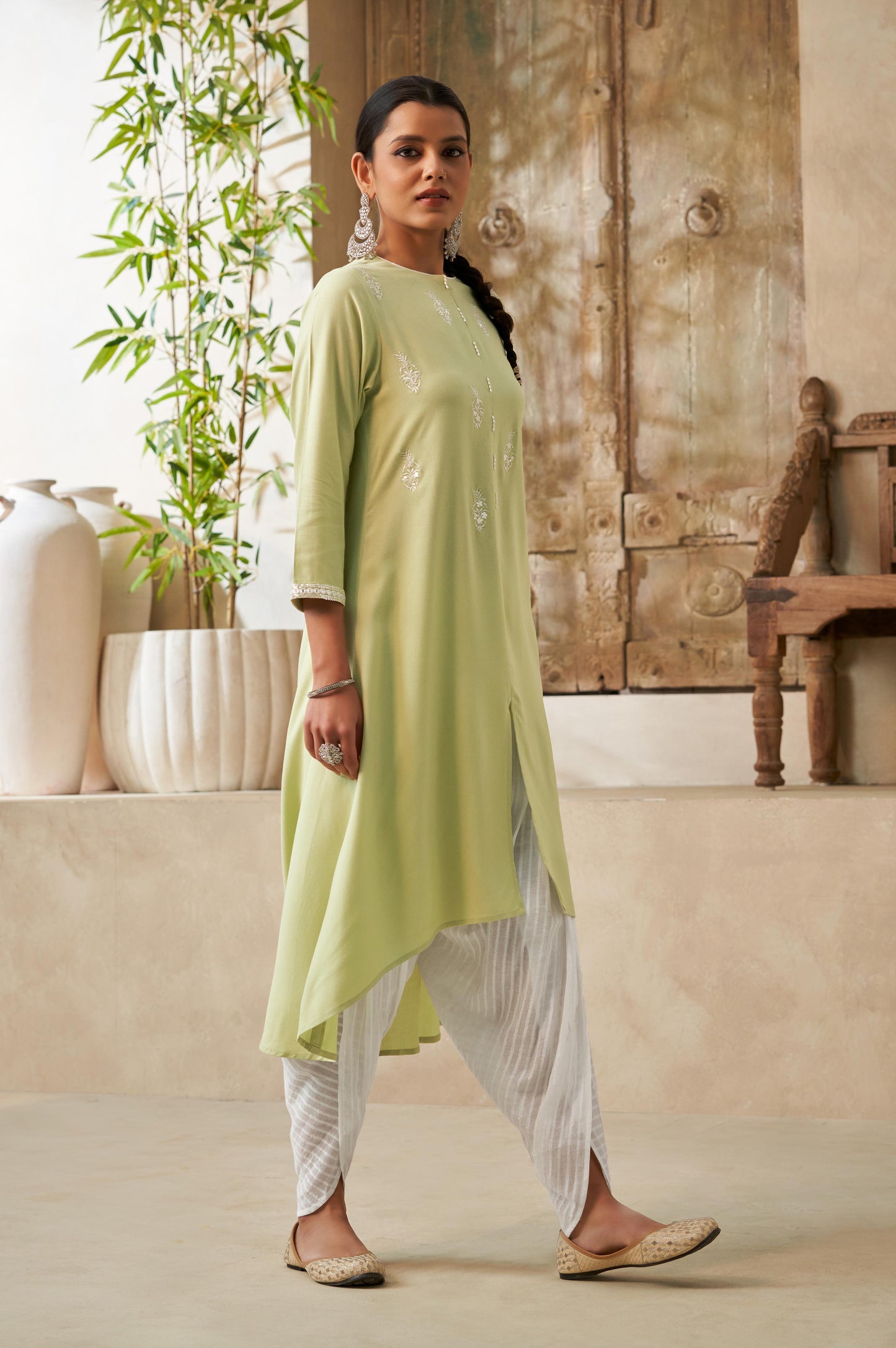 Light Green Thread and Sequin Work Straight Kurta and Dhoti Set