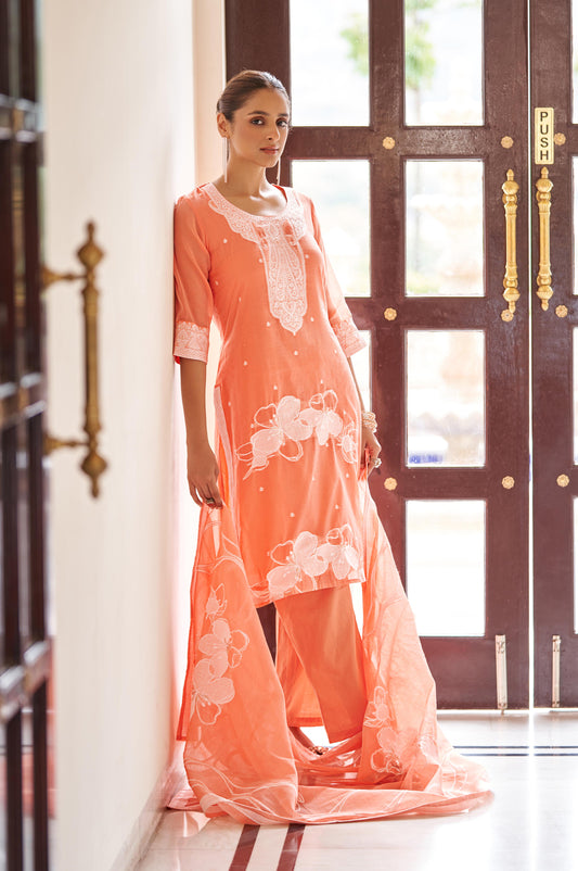 Orange Ethnic Motifs Embroidered Straight Thread Work Kurta Set
