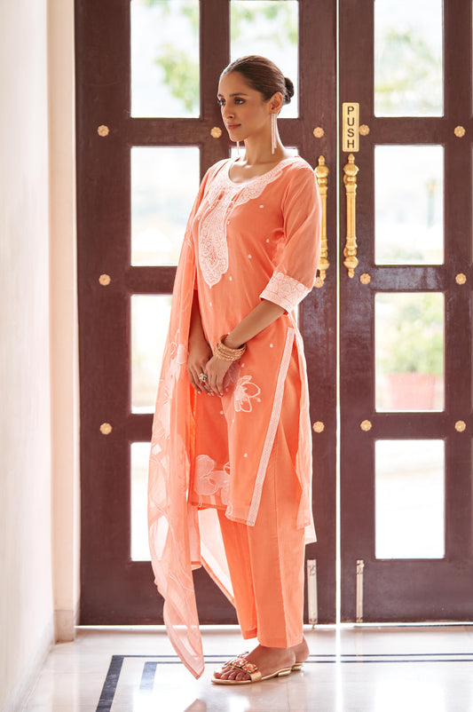 Orange Ethnic Motifs Embroidered Straight Thread Work Kurta Set