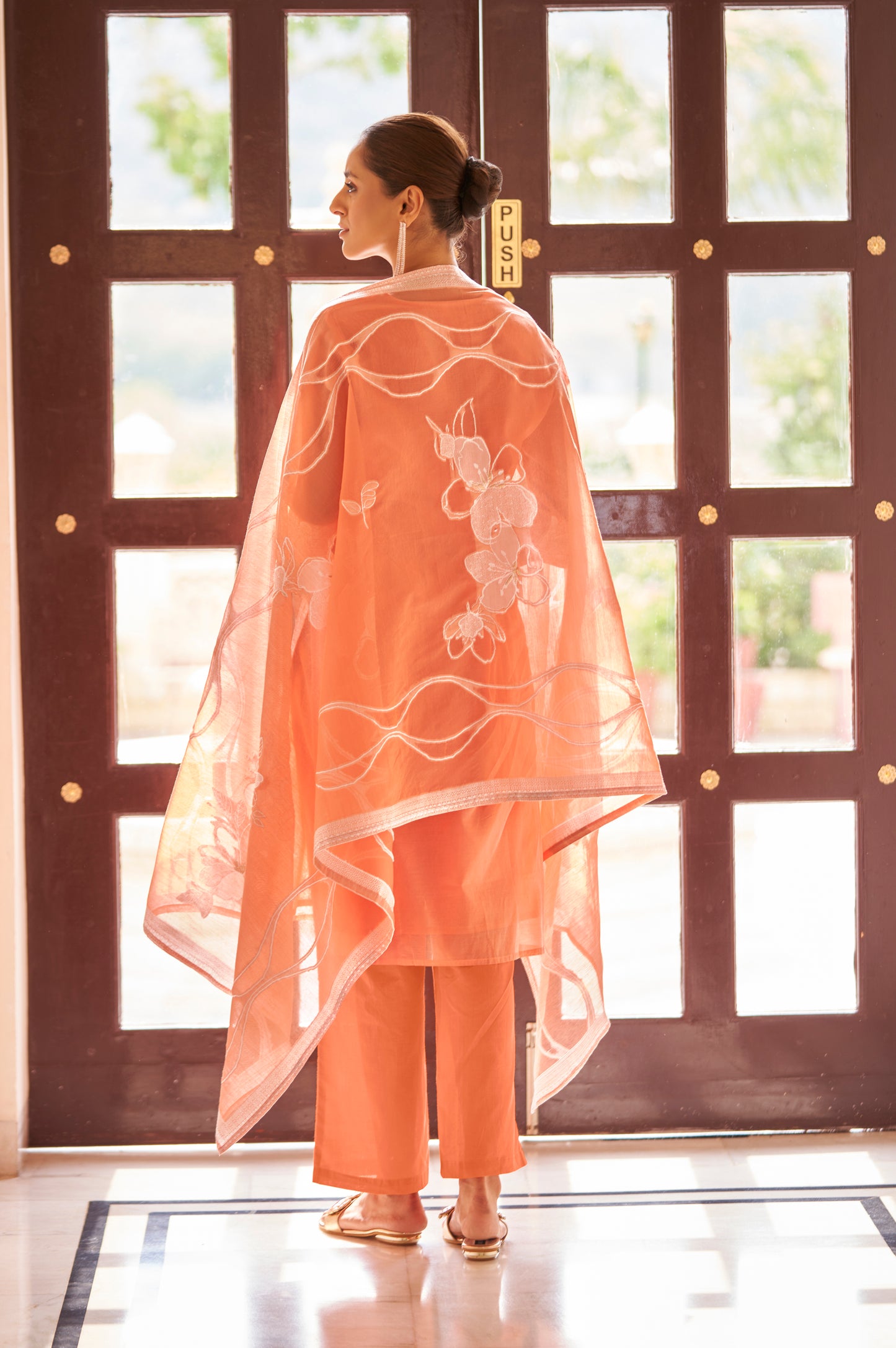 Orange Ethnic Motifs Embroidered Straight Thread Work Kurta Set