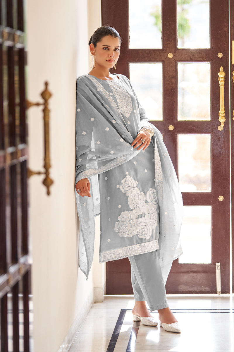 Grey Ethnic Motifs Floral Embroidered Straight Thread Work Kurta Set