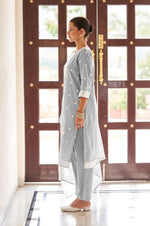 Grey Ethnic Motifs Floral Embroidered Straight Thread Work Kurta Set