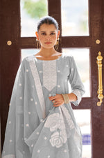 Grey Ethnic Motifs Floral Embroidered Straight Thread Work Kurta Set