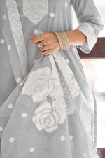 Grey Ethnic Motifs Floral Embroidered Straight Thread Work Kurta Set