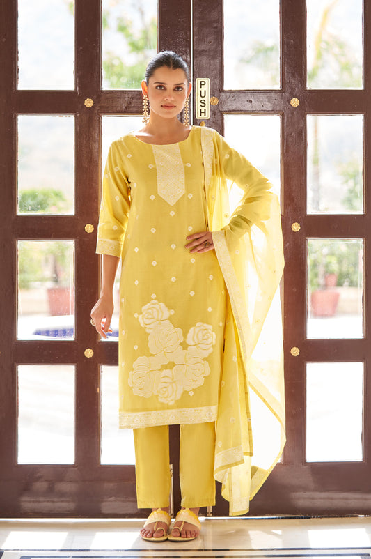 Yellow Ethnic Motifs Floral Embroidered Straight Thread Work Kurta Set