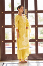 Yellow Ethnic Motifs Floral Embroidered Straight Thread Work Kurta Set