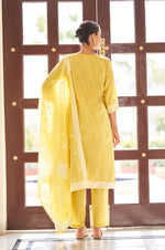 Yellow Ethnic Motifs Floral Embroidered Straight Thread Work Kurta Set