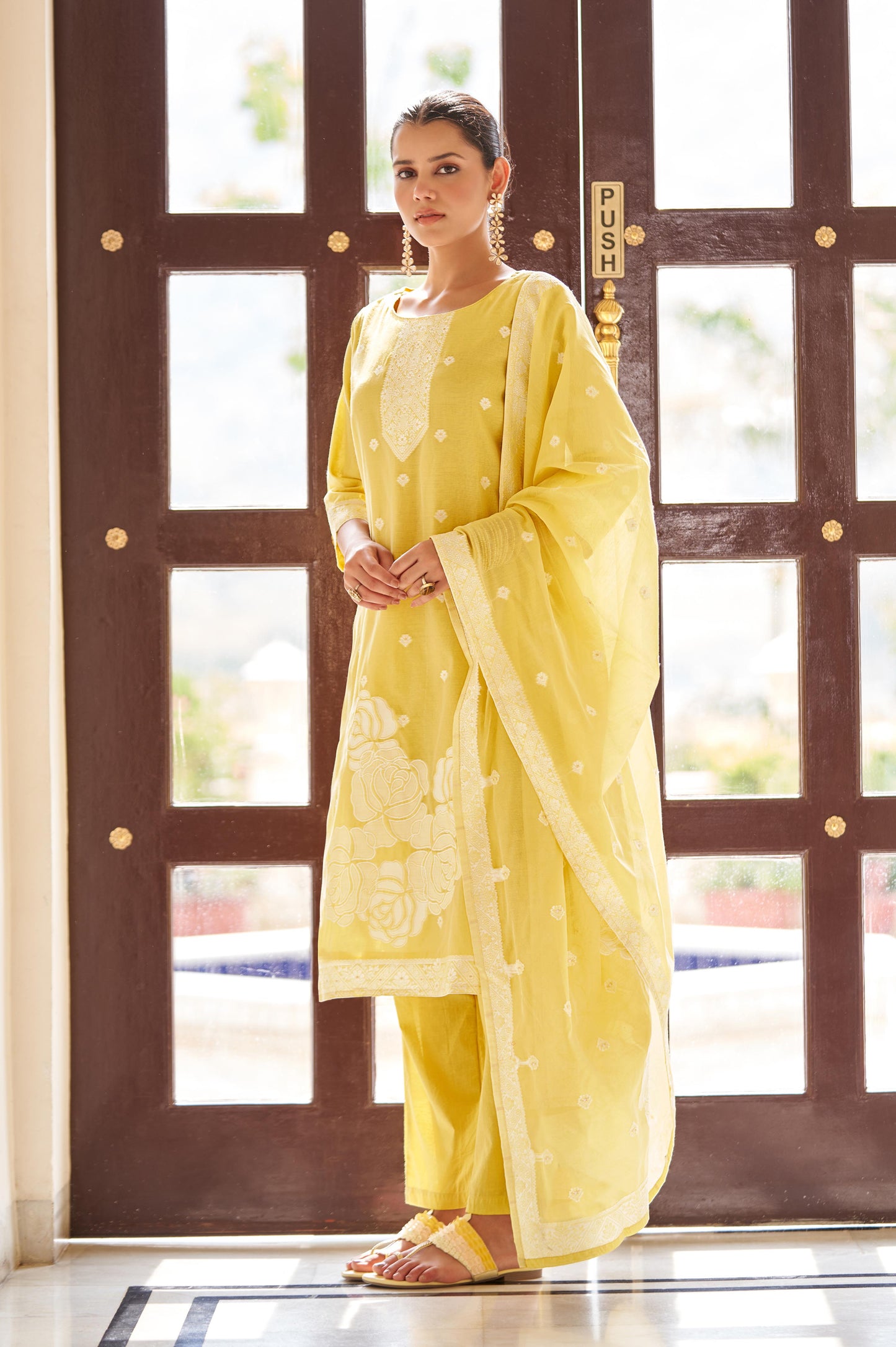 Yellow Ethnic Motifs Floral Embroidered Straight Thread Work Kurta Set