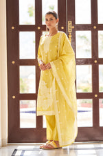 Yellow Ethnic Motifs Floral Embroidered Straight Thread Work Kurta Set