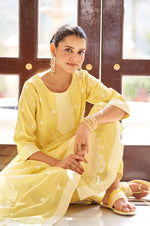 Yellow Ethnic Motifs Floral Embroidered Straight Thread Work Kurta Set