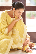Yellow Ethnic Motifs Floral Embroidered Straight Thread Work Kurta Set