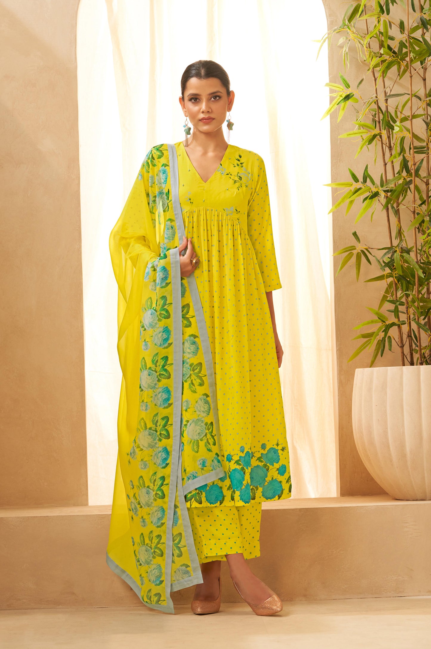 Yellow Floral Printed Gathered Kurta Palazzo and Dupatta Set