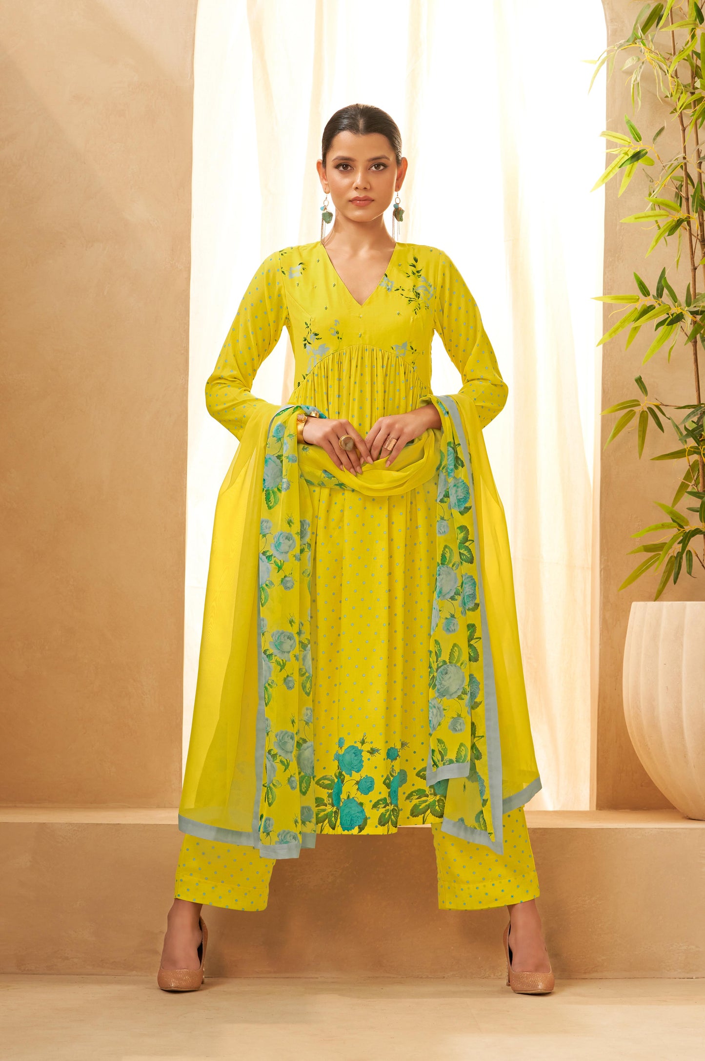 Yellow Floral Printed Gathered Kurta Palazzo and Dupatta Set