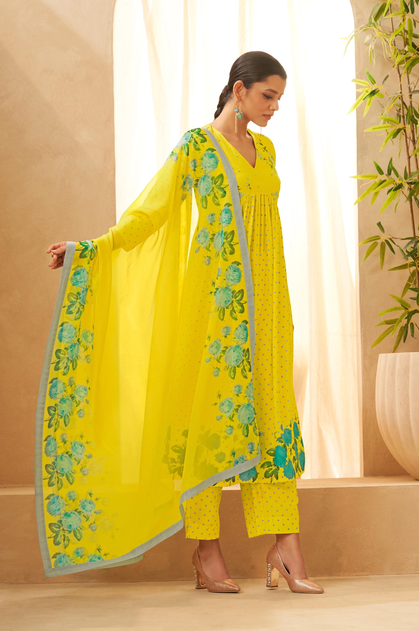 Yellow Floral Printed Gathered Kurta Palazzo and Dupatta Set