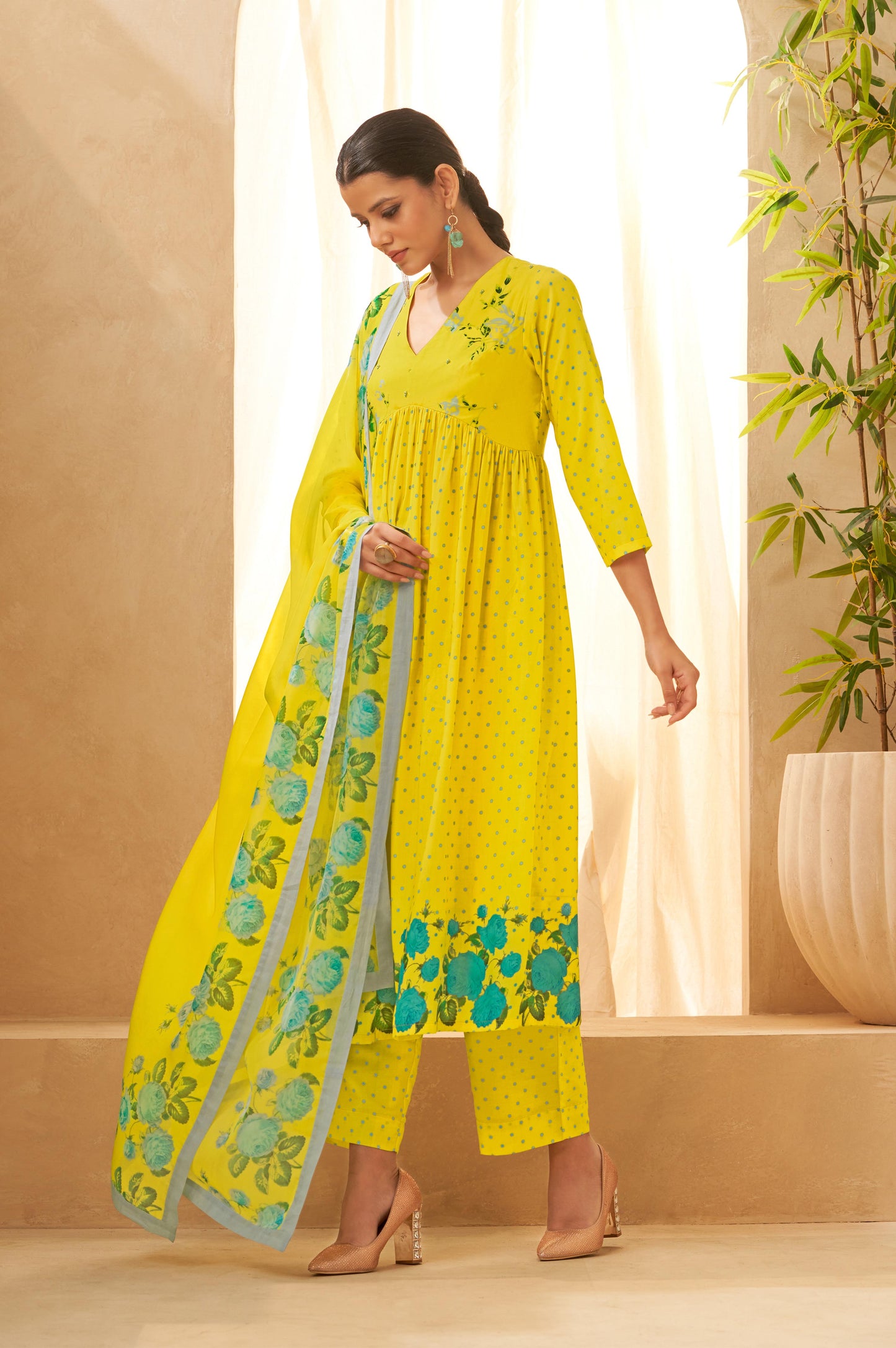 Yellow Floral Printed Gathered Kurta Palazzo and Dupatta Set