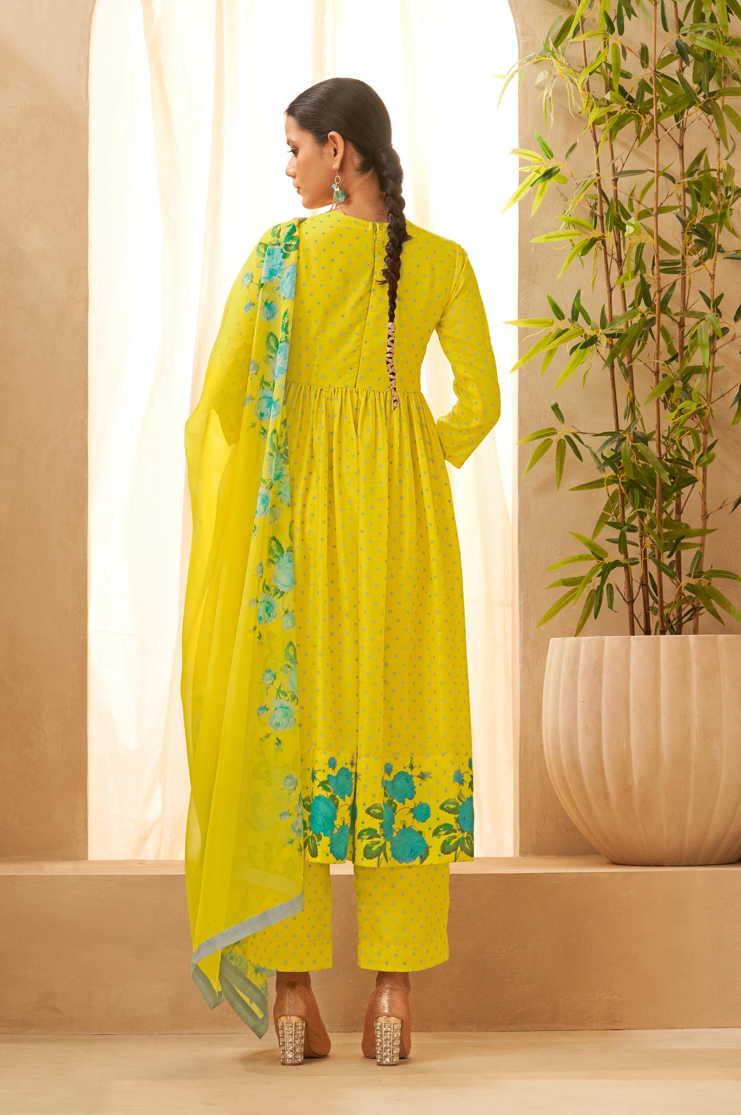 Yellow Floral Printed Gathered Kurta Palazzo and Dupatta Set