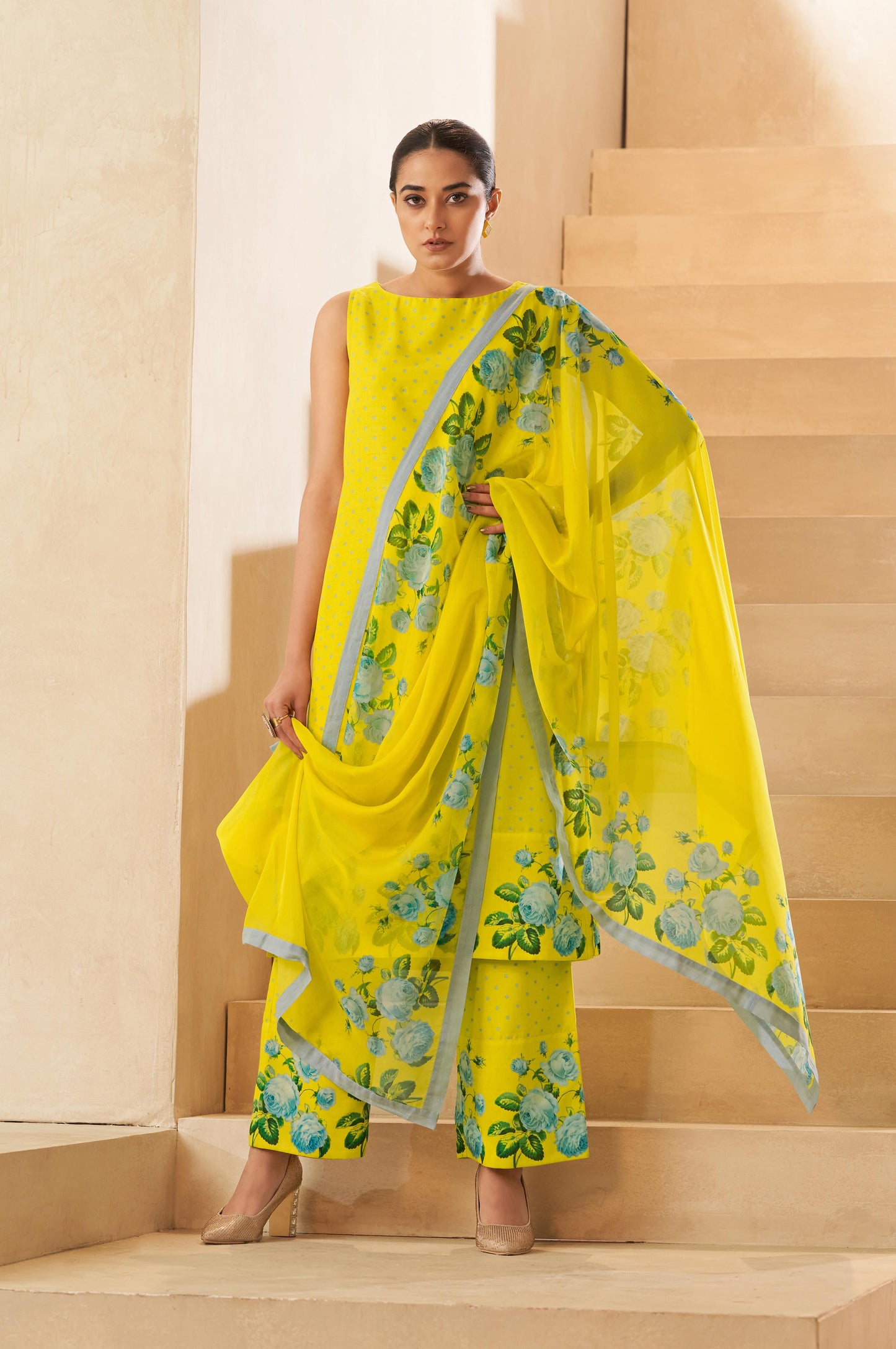 Yellow Floral Printed Sleeveless Gathered Kurta Palazzo and Dupatta Set
