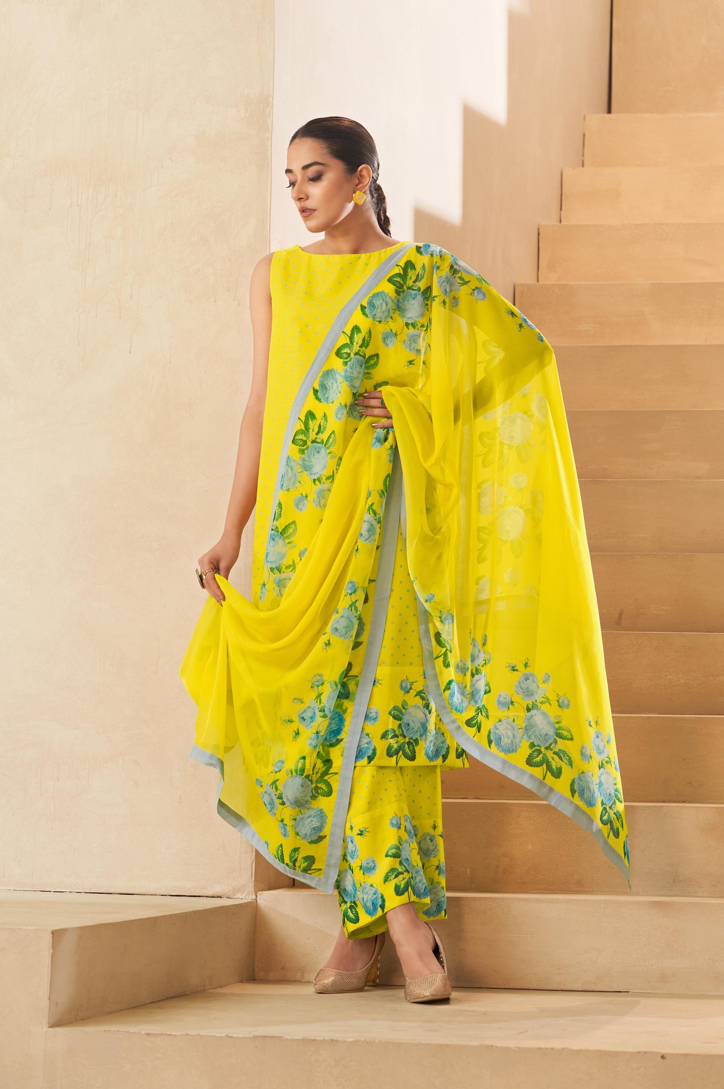Yellow Floral Printed Sleeveless Gathered Kurta Palazzo and Dupatta Set