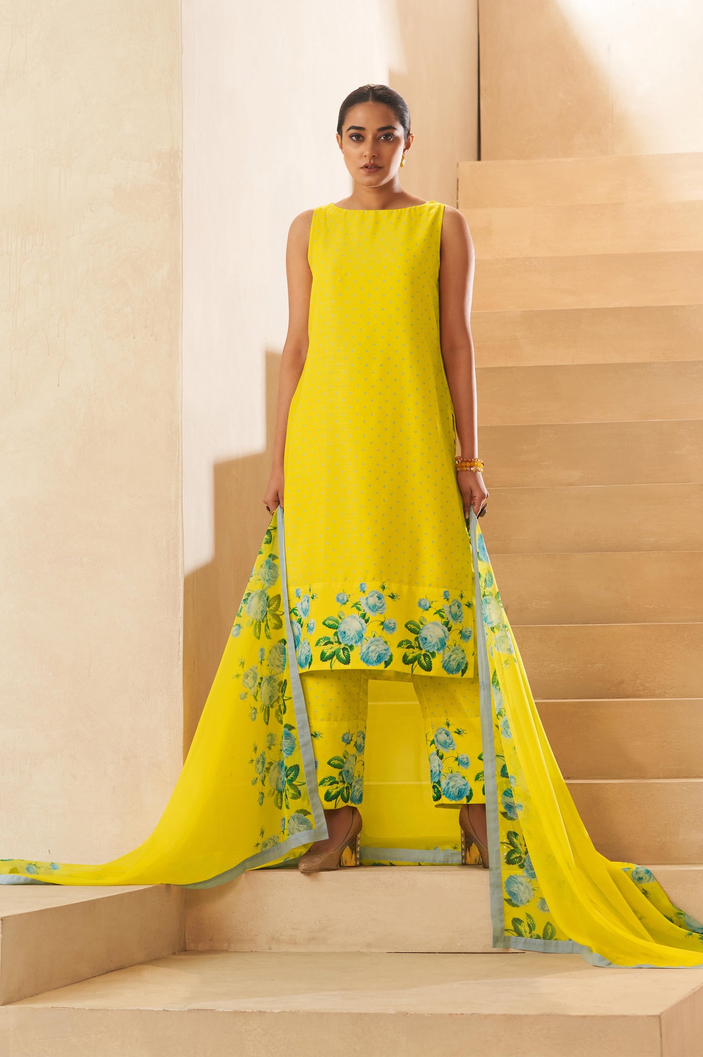 Yellow Floral Printed Sleeveless Gathered Kurta Palazzo and Dupatta Set