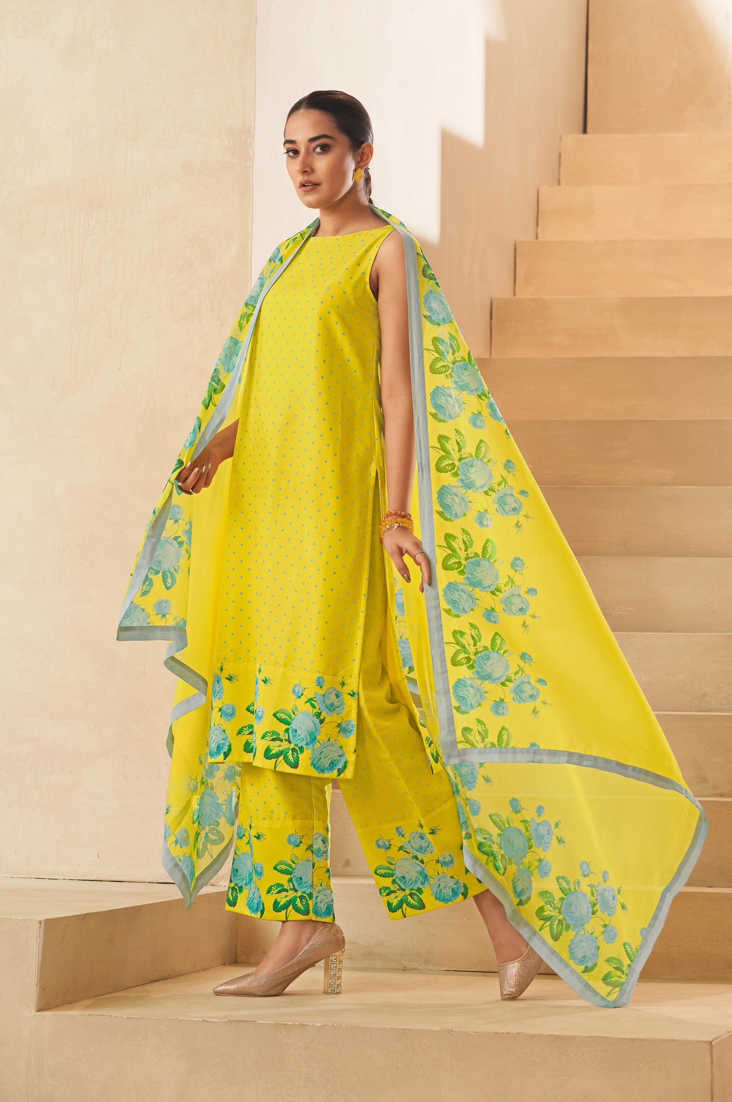 Yellow Floral Printed Sleeveless Gathered Kurta Palazzo and Dupatta Set