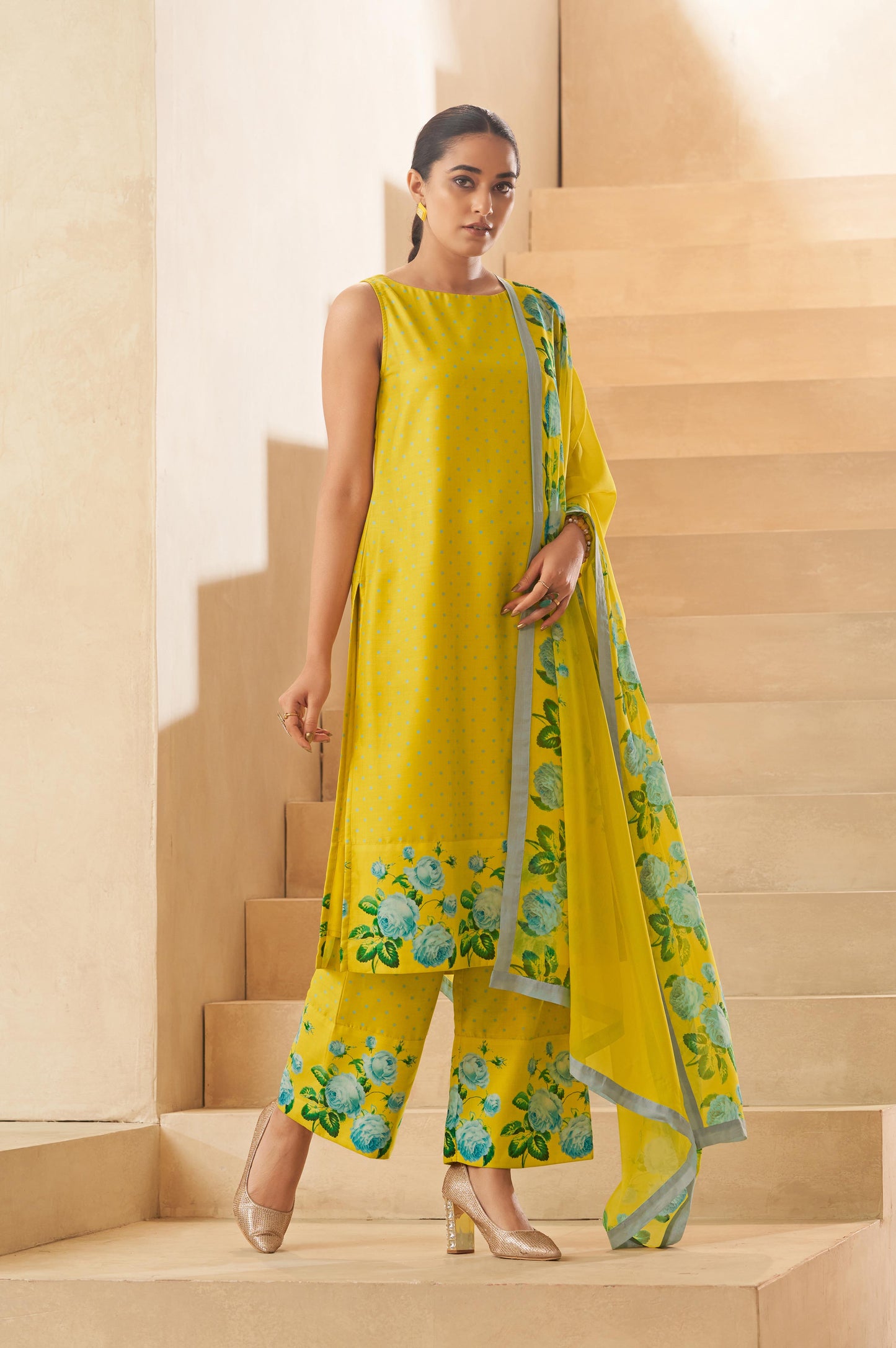 Yellow Floral Printed Sleeveless Gathered Kurta Palazzo and Dupatta Set