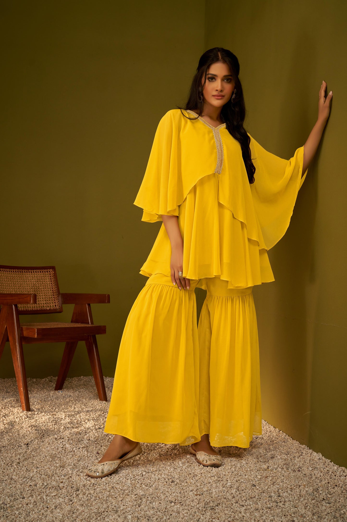 Mustard Draped and Flared Kurta and Sharara Set