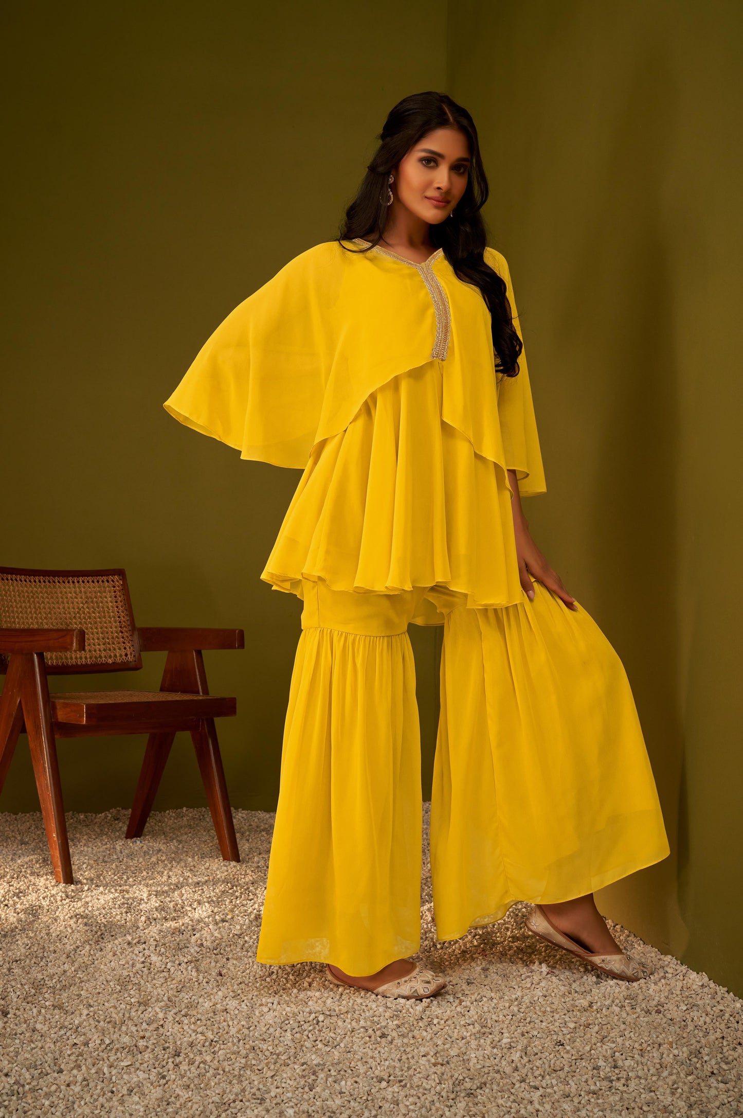 Mustard Draped and Flared Kurta and Sharara Set