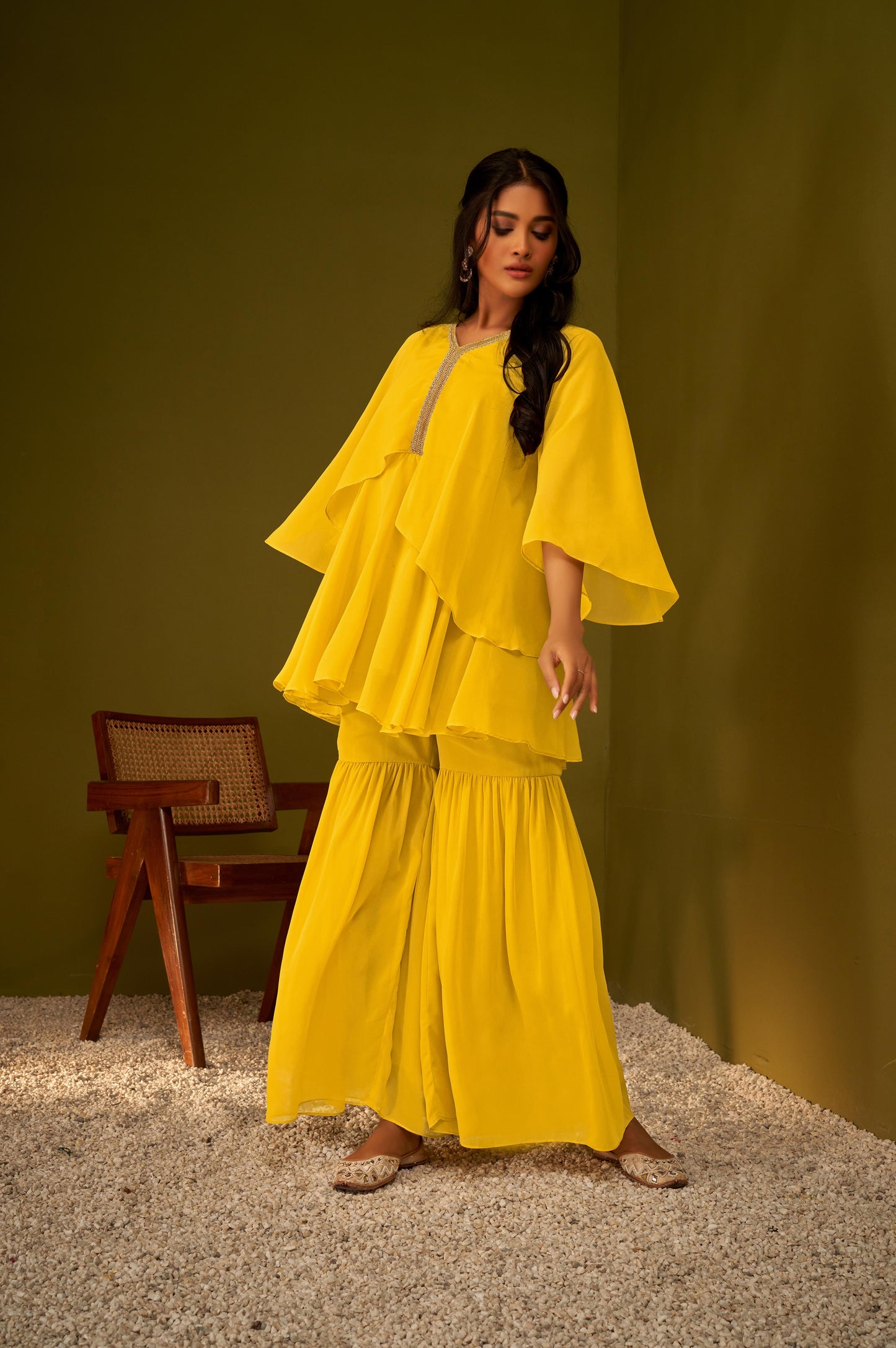 Mustard Draped and Flared Kurta and Sharara Set