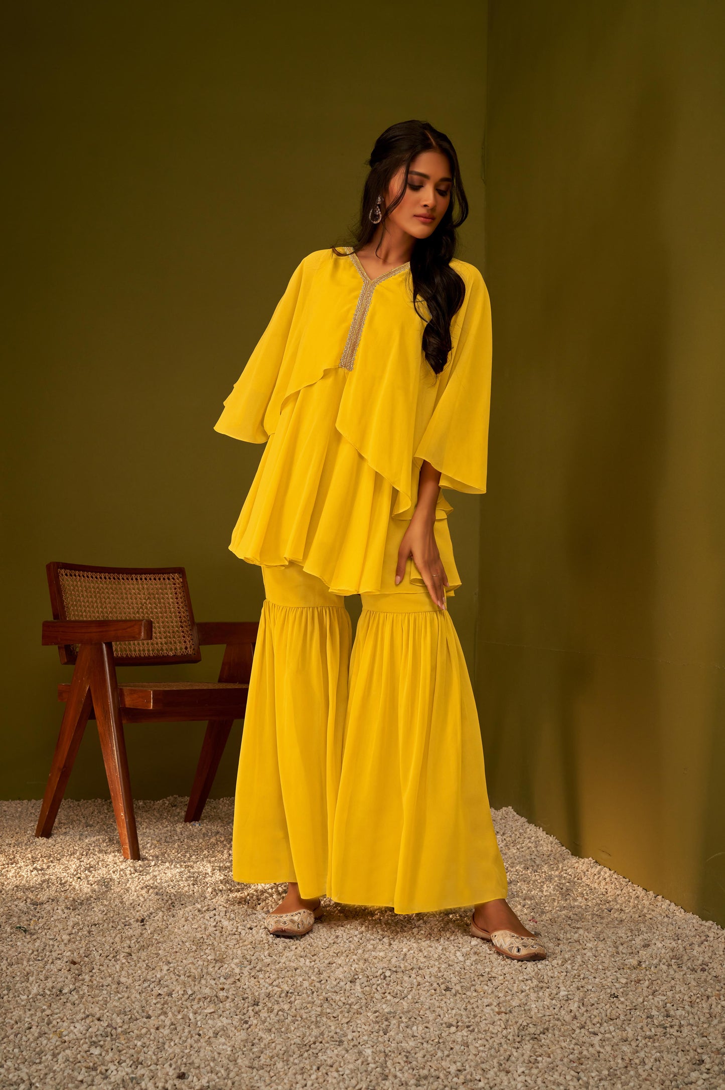 Mustard Draped and Flared Kurta and Sharara Set