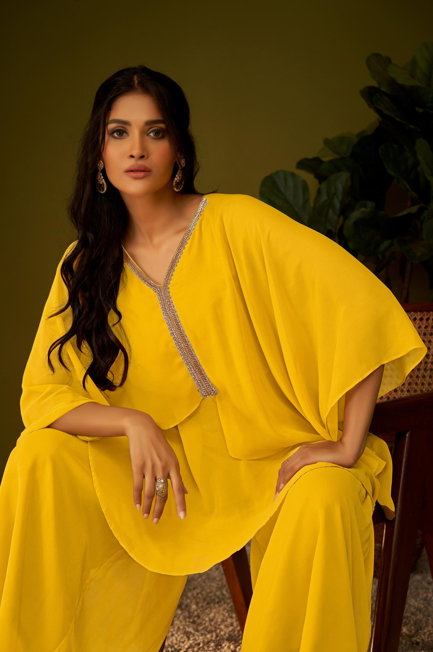 Mustard Draped and Flared Kurta and Sharara Set