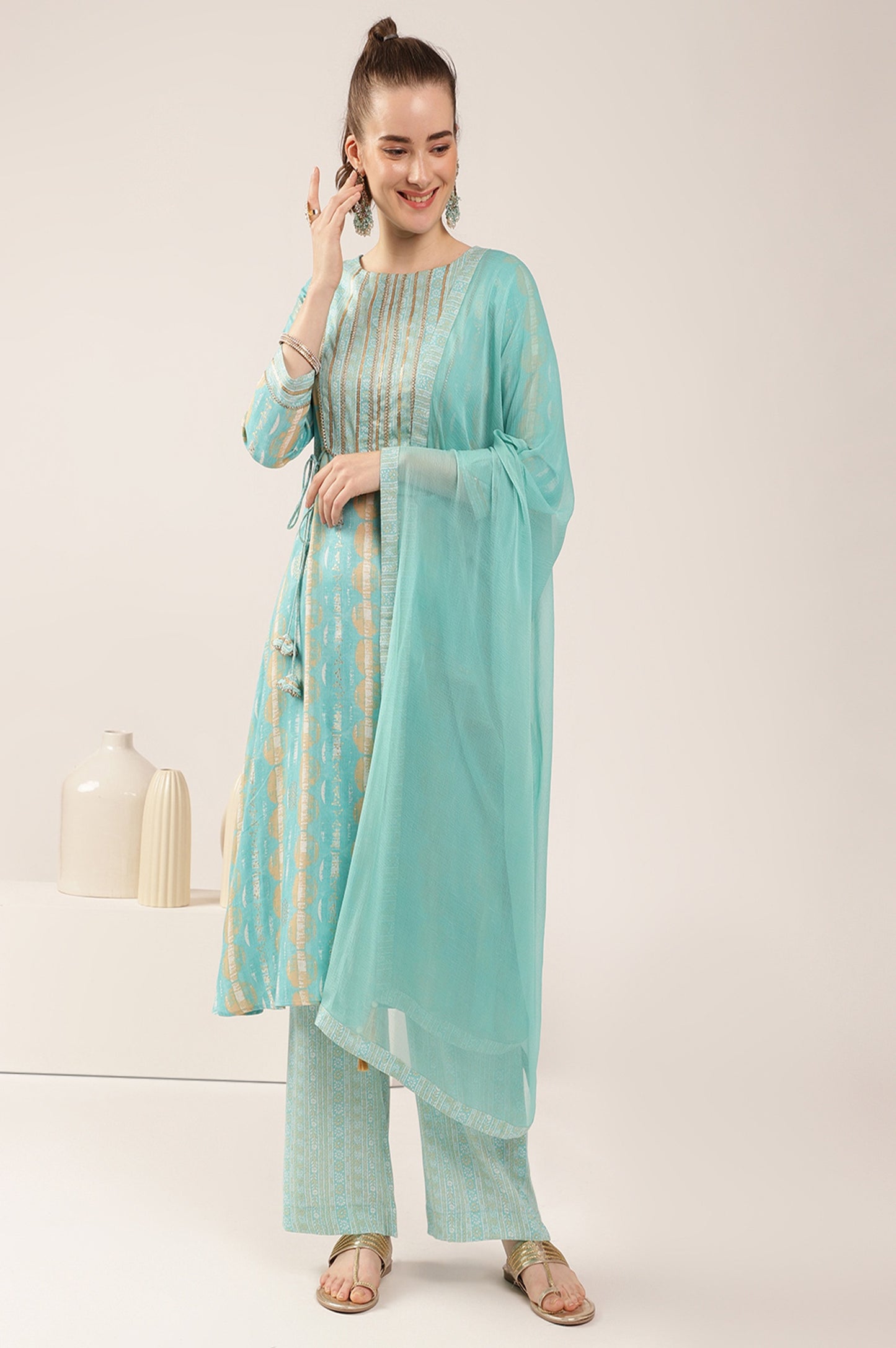 Sky Blue Rayon Slub Floral Print Kurta Set with Dupatta