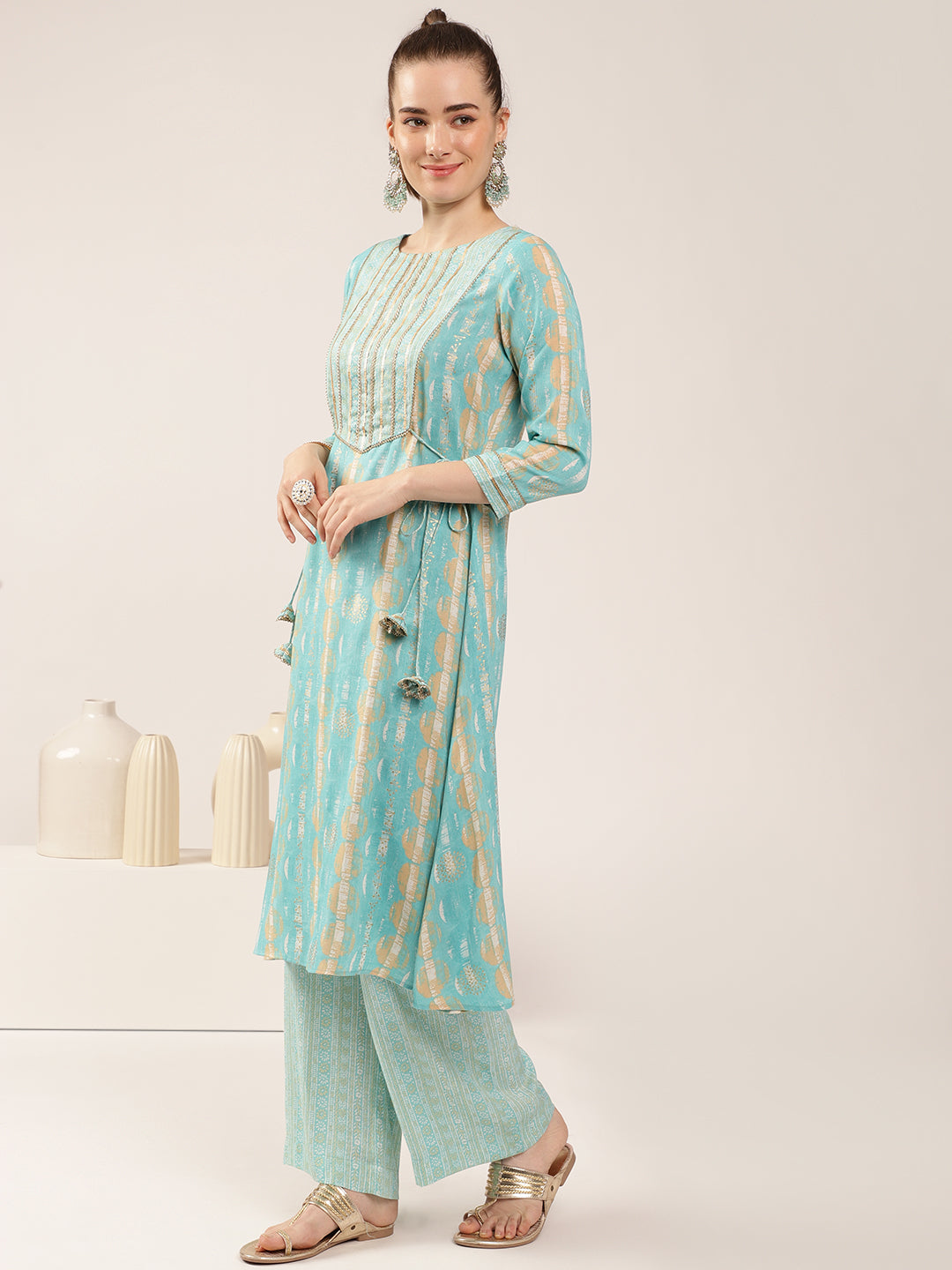 Sky Blue Rayon Slub Floral Print Kurta Set with Dupatta