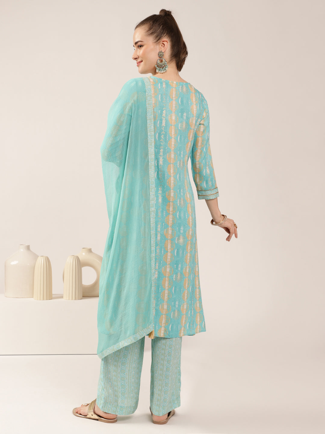 Sky Blue Rayon Slub Floral Print Kurta Set with Dupatta
