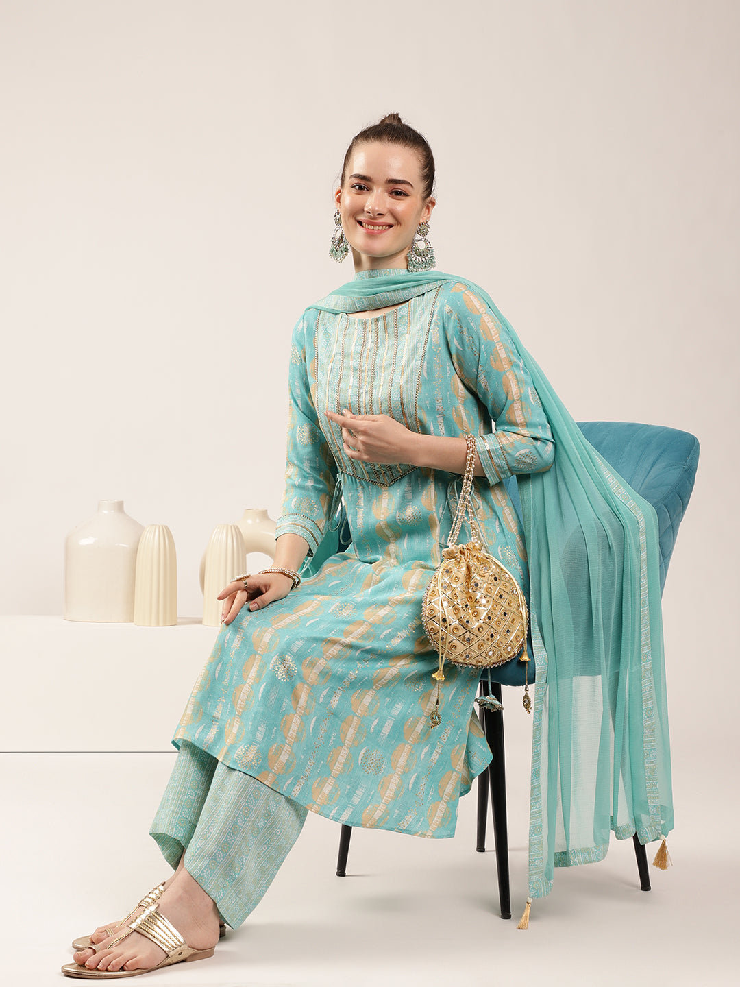 Sky Blue Rayon Slub Floral Print Kurta Set with Dupatta