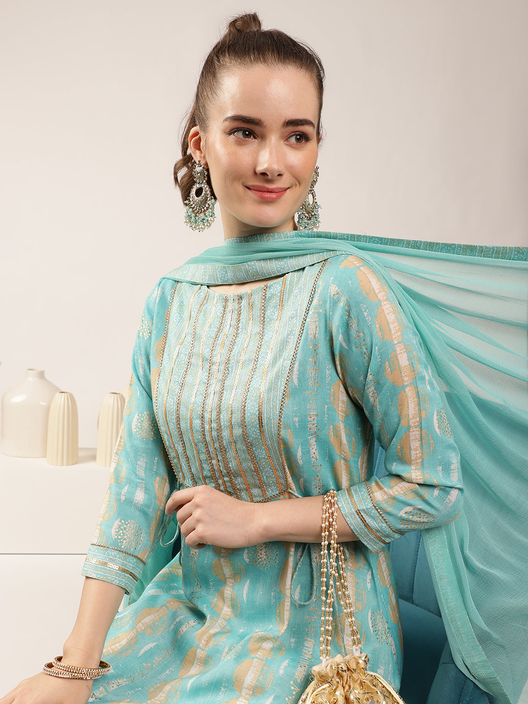 Sky Blue Rayon Slub Floral Print Kurta Set with Dupatta