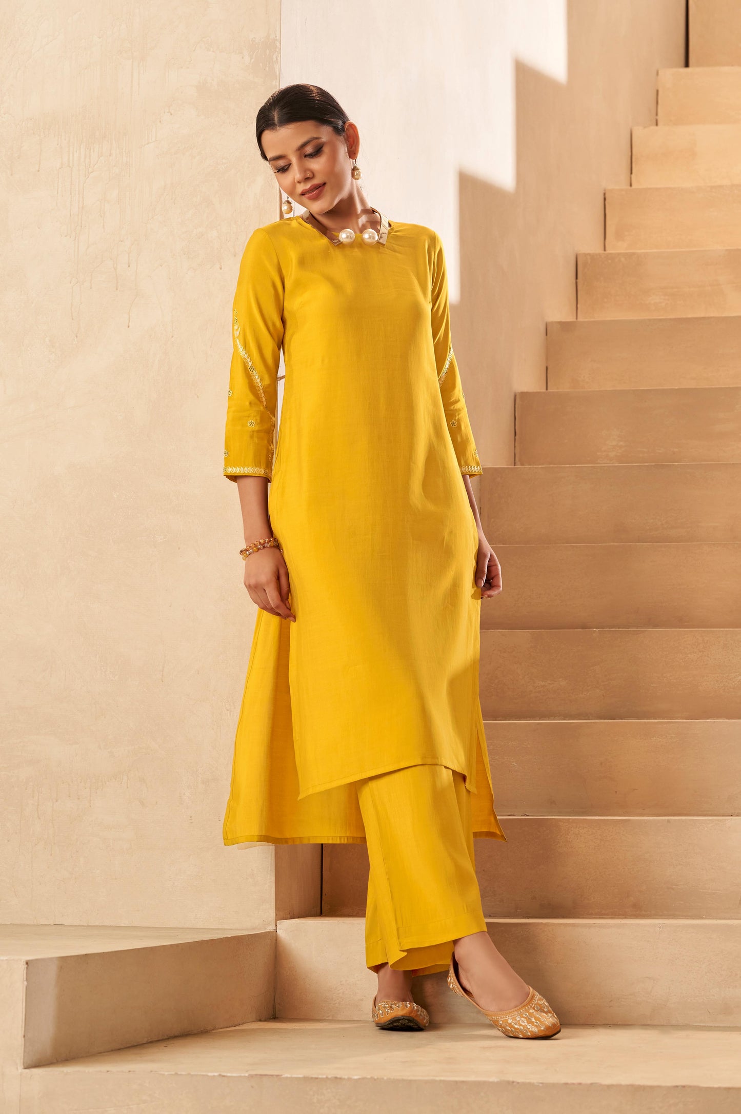 Ocher Yellow Asymmetric Floral Embroidered Kurta Set