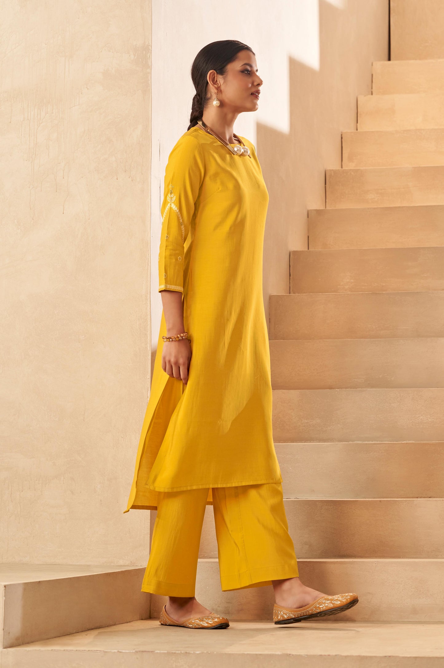 Ocher Yellow Asymmetric Floral Embroidered Kurta Set