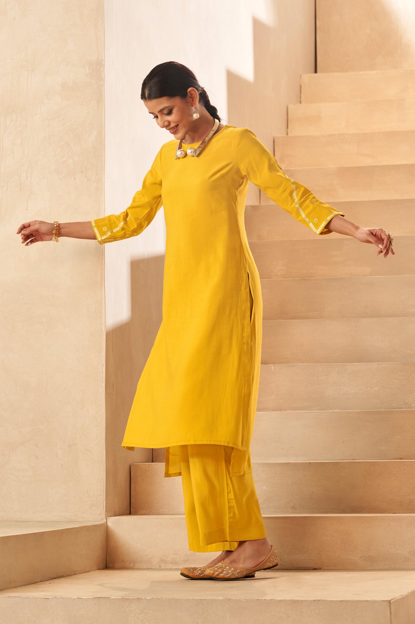 Ocher Yellow Asymmetric Floral Embroidered Kurta Set
