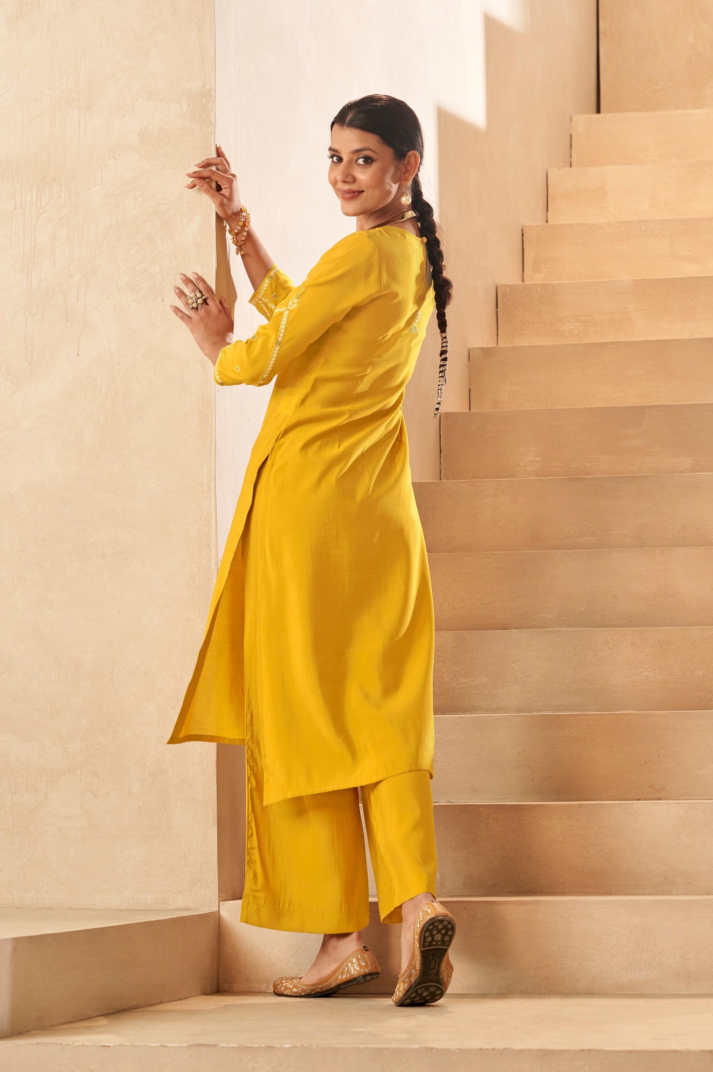 Ocher Yellow Asymmetric Floral Embroidered Kurta Set
